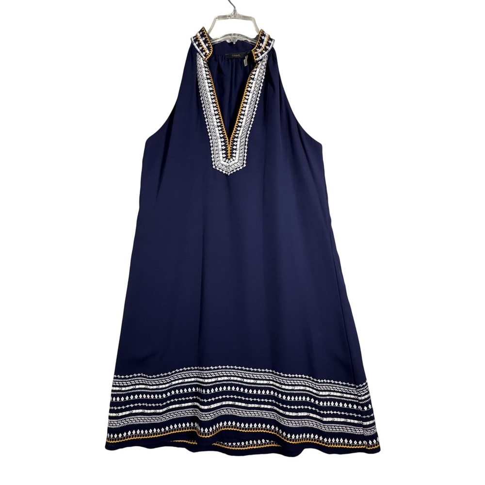THML Dress Halter Neck Sleeveless Chana Embroidered Casual Boho Navy Blue Small